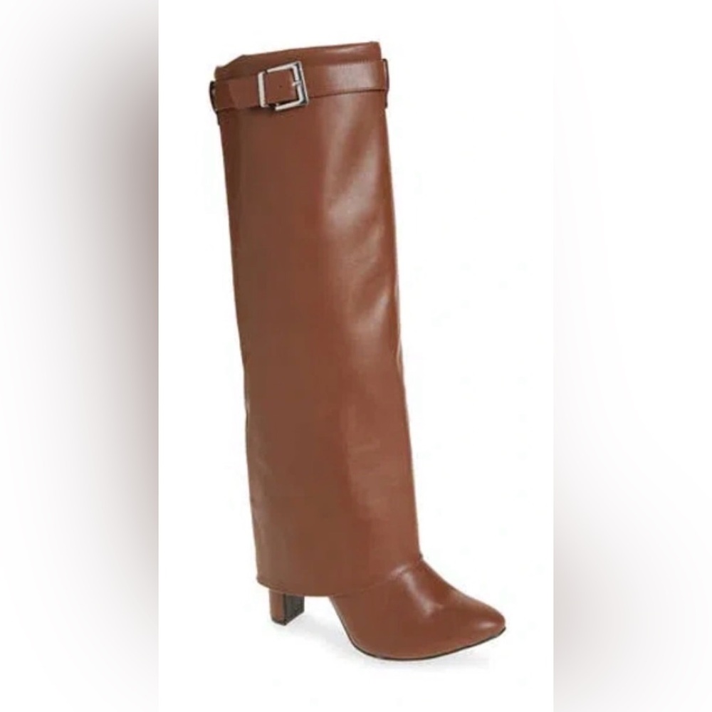 This is a pair of Wild Diva Lounge brandy knee-high boots